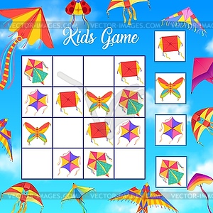 Kids crossword or logical game with paper kites - vector image