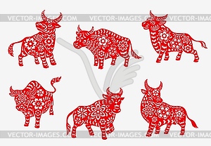 Chinese New Year zodiac bull animal silhouettes - royalty-free vector image