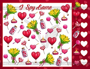 Saint Valentine day I spy math game for children - vector image