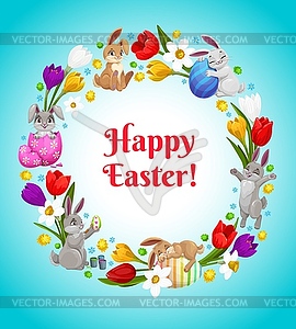 Happy Easter flower wreath with bunnies and eggs - vector clipart