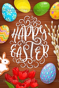 Easter eggs, bunny and flowers greeting card - vector image