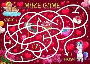 Saint Valentine day holiday maze for kids - vector image