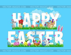 Easter bunnies, chicks and egg hunt basket - vector EPS clipart