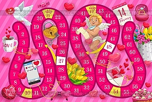 Детский шаблон настольной игры на день Святого Валентина - векторизованное изображение клипарта