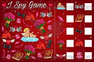 Valentine day children I spy puzzle book page - vector clip art