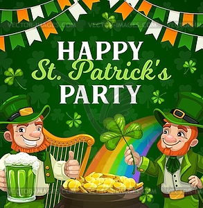 Patricks Day party poster of Irishmen with clovers - vector image