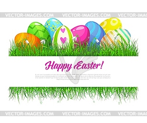 Easter grass frame with eggs and spring flowers - vector clip art