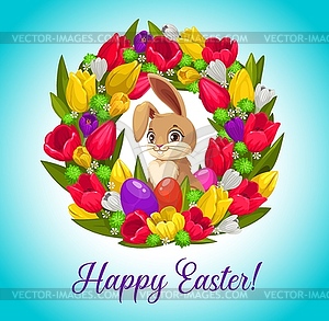 Happy Easter card with bunny inside flower wreath - vector image