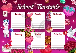 Saint Valentine day kids school timetable template - vector image