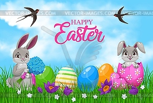 Easter bunnies with eggs and flowers - vector clipart