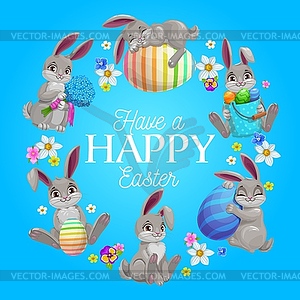 Happy Easter flower wreath with bunnies and eggs - vector clipart