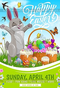 Easter egg hunt party flyer with bunny and basket - vector EPS clipart