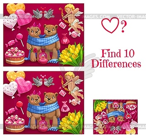 Valentine day child find ten differences game - vector clipart