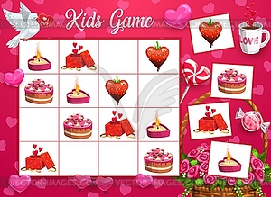 Kids logical game with Saint Valentine day symbols - vector image