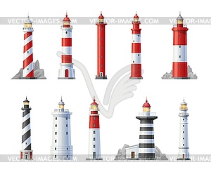 Lighthouse icons, nautical beacon buildings - color vector clipart