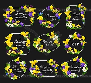 Funeral cards, condolence floral wreaths - vector clipart