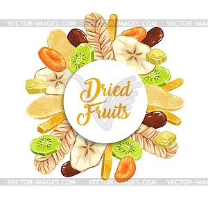 Dried fruits vegetarian dessert shop round banner - vector clipart