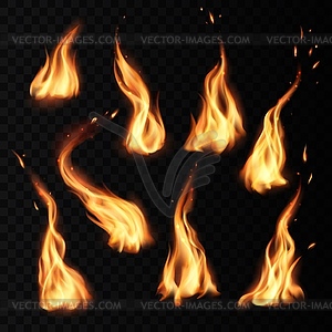 Fire flames burning realistic icons with sparks - vector image