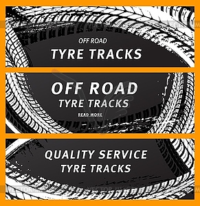 Tire prints, tyre tracks with grunge stained spots - vector clip art