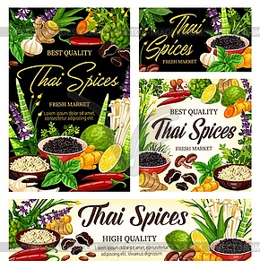 Thai spices, herb seasonings, cooking condiments - vector clipart