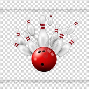 Bowling ball, skittles on transparent background - vector image