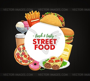 Фаст-фуд круглый баннер уличные комбинированные блюда - векторизованное изображение клипарта
