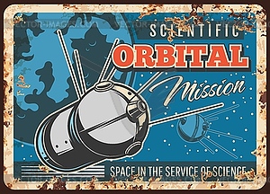 Satellite orbital scientific mission rusty plate - vector image