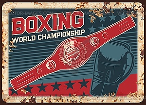 Boxing championship metal plate rusty, belt, glove - vector image