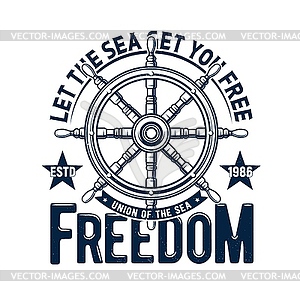 Tshirt print ship steering wheel, emblem - vector image