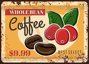 Coffee beans rusty metal plate, coffee shop price - stock vector clipart