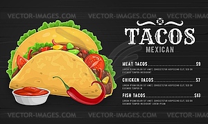 Taco menu template of Mexican cuisine restaurant - vector clip art