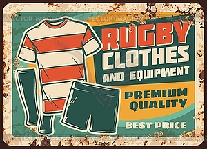 Rugby clothes, equipment rusty metal plate - vector image