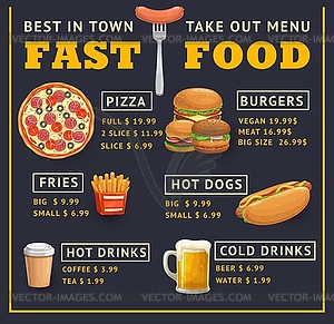 Fast food menu template, takeaway dishes - vector image