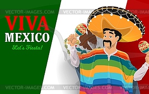 Mexican musician with sombrero, maracas and flag - vector clip art