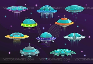 UFO and alien spaceship cartoon set, spacecraft - vector image