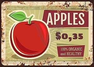 Apples rusty metal plate, fresh fruit, tin sign - vector clipart