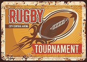 Rugby tournament rusty metal plate grunge rust tin - royalty-free vector image