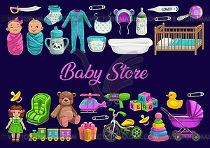 Baby store, toys shop, newborn kids gifts and care - vector image