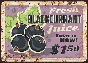 Blackcurrant juice rusty metal plate, berry - vector clipart