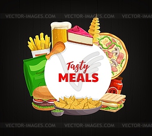 Fast food round banner takeaway meals - vector clipart