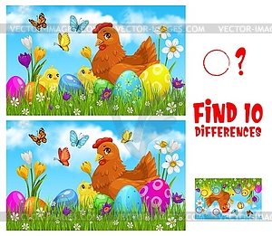 Kids game find ten differences with Easter chicken - vector clipart