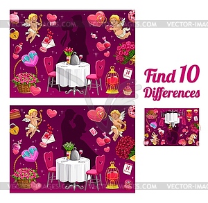 Kids game find ten differences Valentine riddle - vector clipart