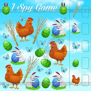 I spy kids game Easter rabbits, eggs, butterflies - vector clipart