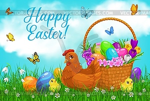 Easter egg hunt basket with chicks - vector clipart