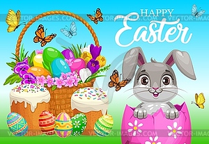 Happy Easter poster, bunny sitting in egg - vector image