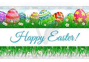 Easter eggs and green grass border banner - vector clipart / vector image