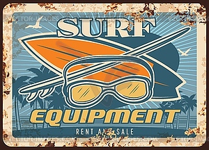 Surf equipment rusty metal plate, surfing boards - vector clip art