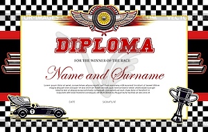 Race winner diploma template, racing award - vector image