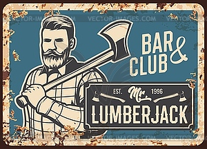 Lumberjack man with ax, metal rusty plate retro - vector clip art