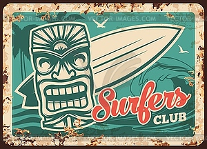 Surfing, surfer club metal plate rusty, surfboard - color vector clipart
